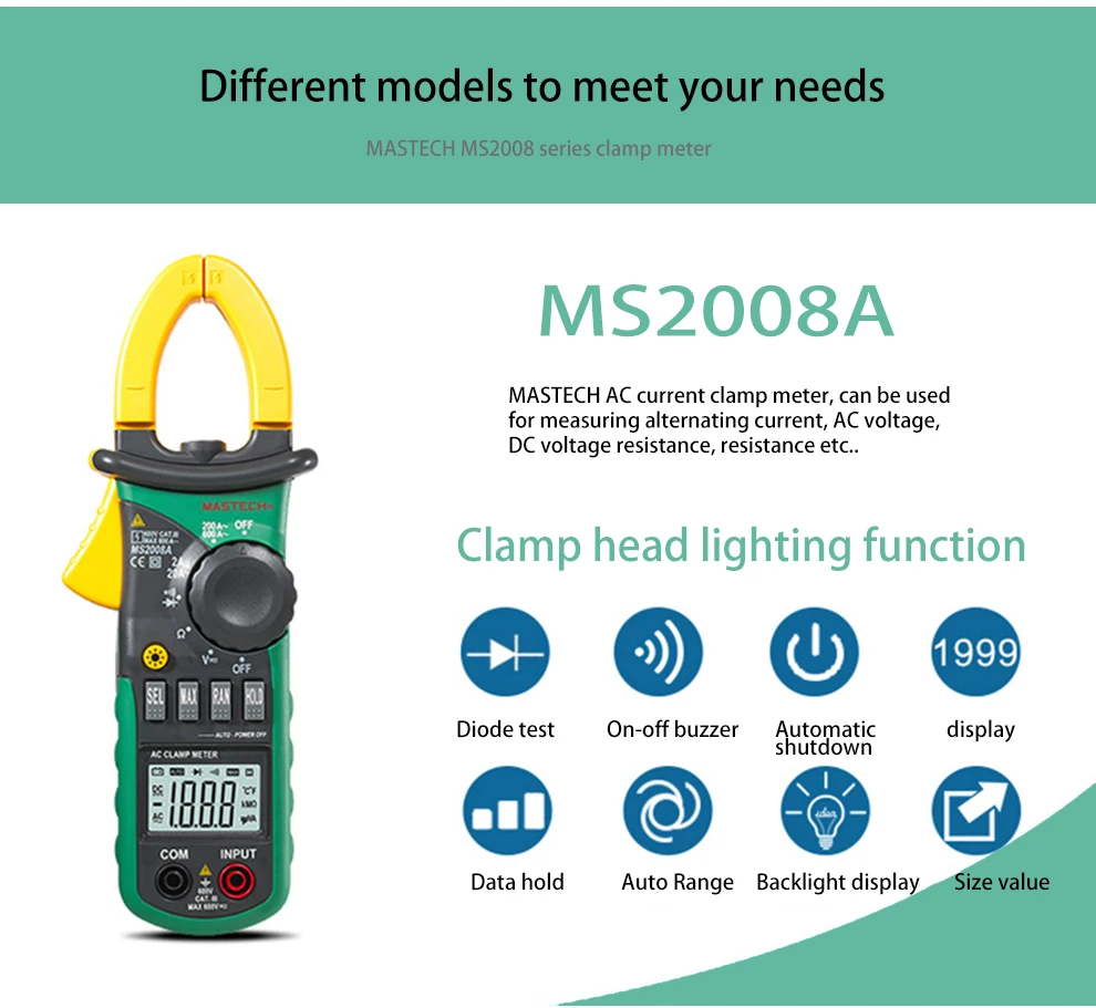 Mastech MS2008A Mini Clamp Meter Backlight Datahold Auto Power 