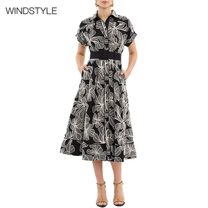 Women's Retro Floral Print Long Dress Knee-Length with Belt & Lapel Design Casual Style for Spring & Autumn Day Outings