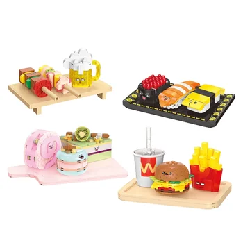 Hot Sale Food Series Cartoon Building Blocks Set BBQ Sushi Desserts Combo Platters Educational Blocks Toys For Decor Desk Toys
