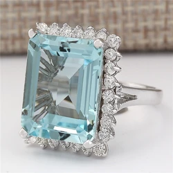 Natural Aquamarine Gemstone Bizuteria S925 Sterling Silver color Ring for Women Silver 925 Jewelry Square Invisible Setting Ring