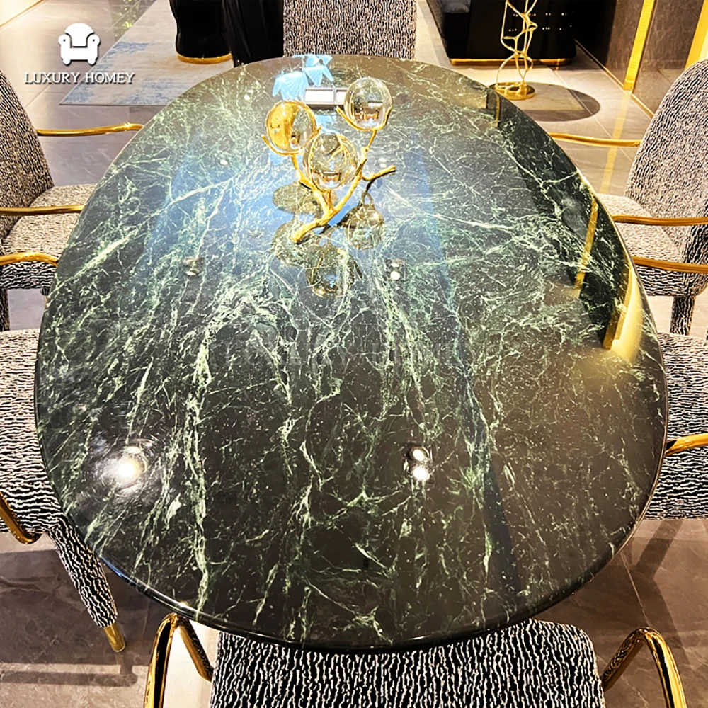 Italian Natural Round Marble Dining Table Set with 6 Modern Chairs ...