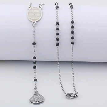 Wholesale Fashion Jewelry Stainless Steel Black Bead Religious Pendant Rosary Necklace