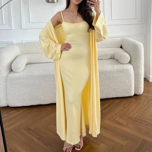 2025 Casual Fashion Women's Dress Set Solid Slip Hip Package Dress Long Sleeve Cardigan Women's Cardigan Long Dress 2 Piece Set
