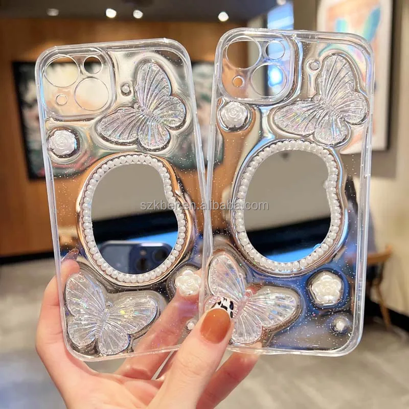 Supply Crystal Drip Glue Butterfly Flower Pearl Mirror Circle TPU PC  Acrylic Mobile Phone Back Cover Case for Iphone 15 Pro Max