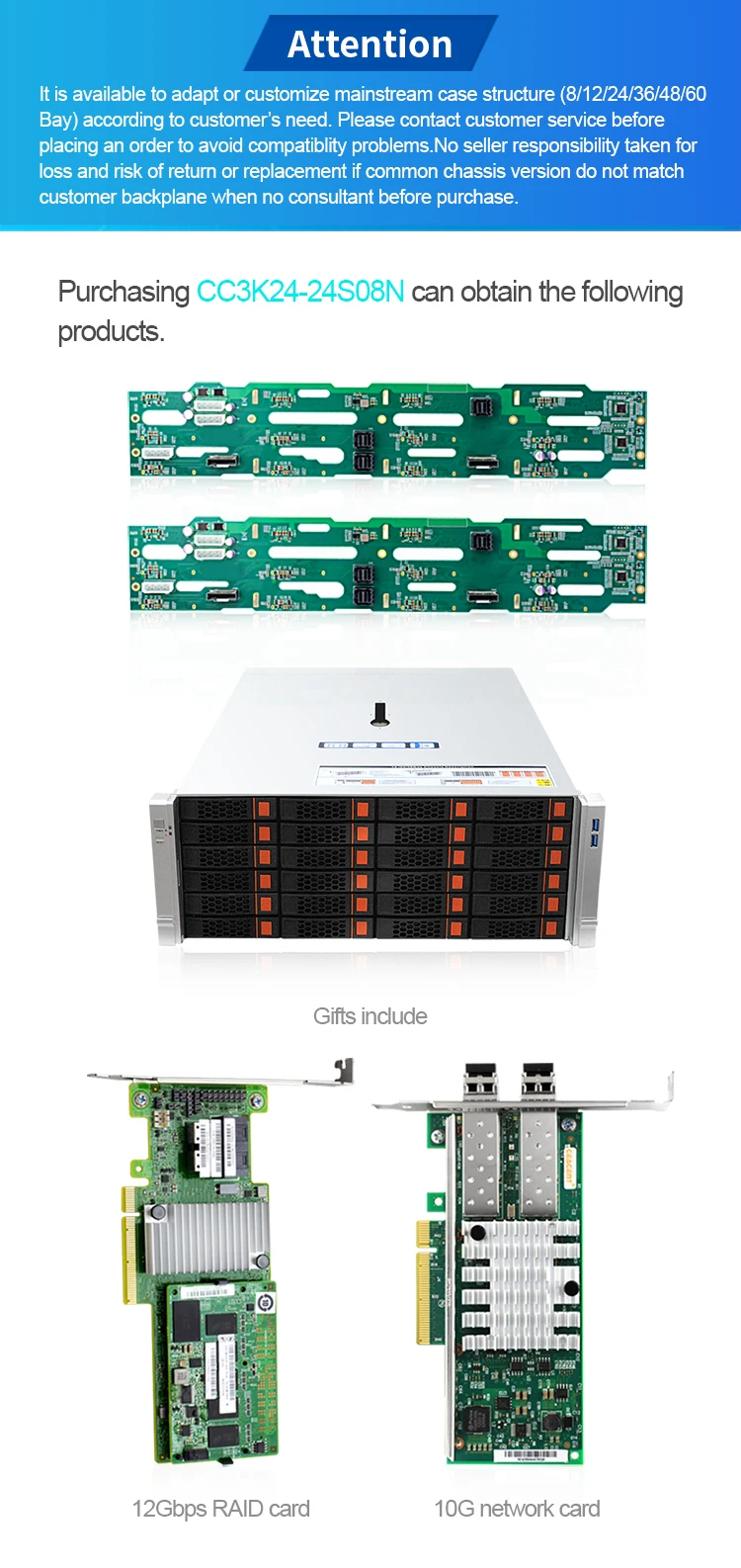 4U 24-bay Rackmount Chassis with Straight-through 8NVMe+16SAS/SATA Backplane CC3K24-24S08N