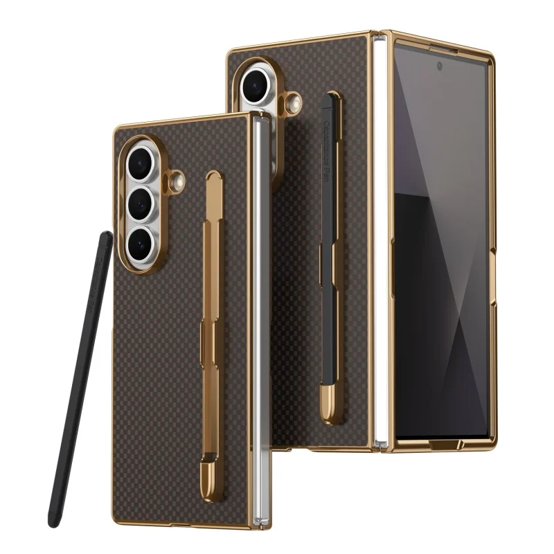Business Plating Carbon Fiber Texture Phone Case for Samsung Z Fold 7 6 5 4 3 With Stylus Tempered Glass Film Shockproof Cover