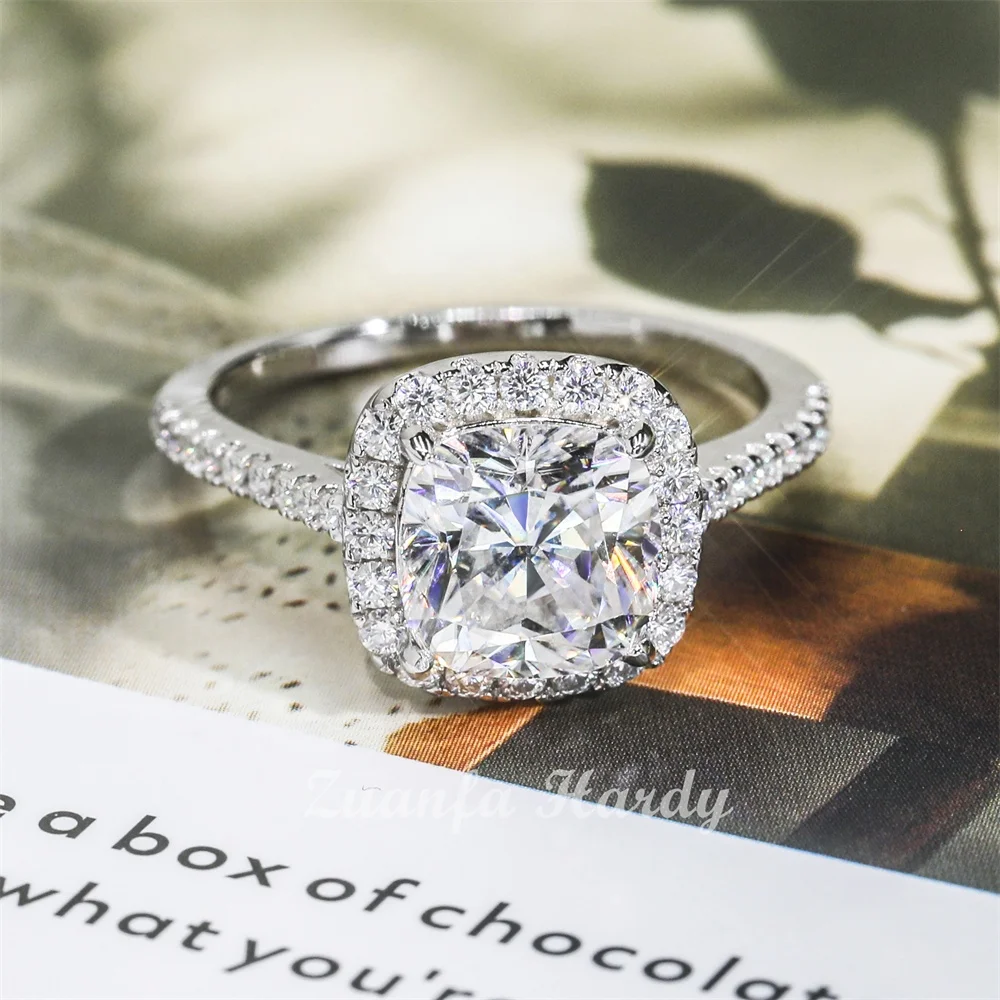 Factory Price S925 9K 14K 18K Gold Halo Diamond Ring Cushion Cut Moissanite  Engagement Women Jewelry Solid Gold Ring