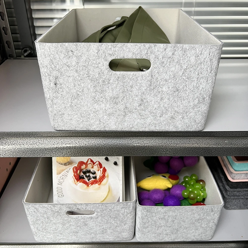 Desk setup using felt bins