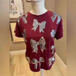 LYG Wholesale Custom New Design Christmas Bow Sequin Party Tee Shirt Crewneck Cotton Fashion T-shirt