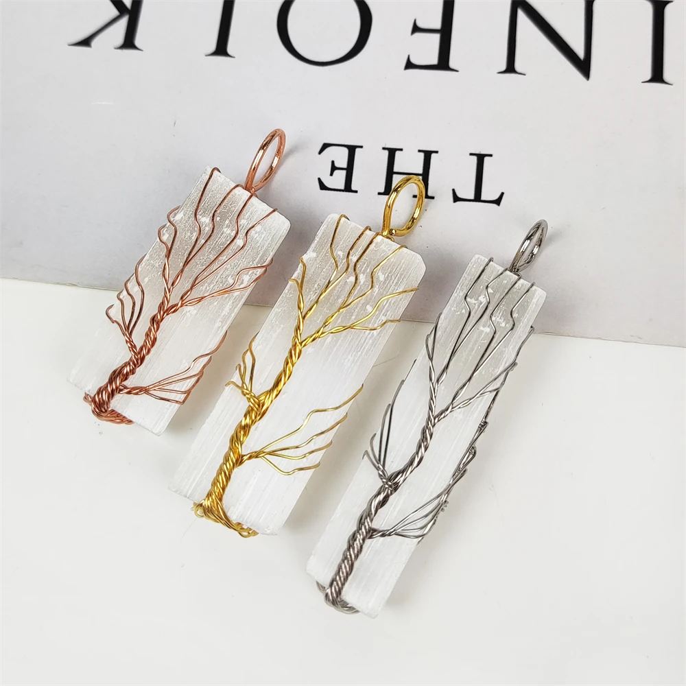 Classic Handmade Wire Wrapped Tree of Life Charm Natural Selenite Stick Pendant Necklace Gold Silver Plating Gypsum Jewelry