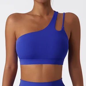 Nude Feel Sport Bra Gathered Shockproof Support One Shoulder Irregular Design Built in Bra Yoga Top