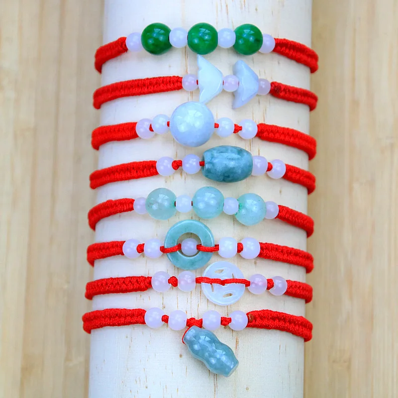 Good Luck Red String Handmade Adjustable Red Rope Light Green Natural Jade Gourd Pixiu Jade Donut Bracelet for Women Men