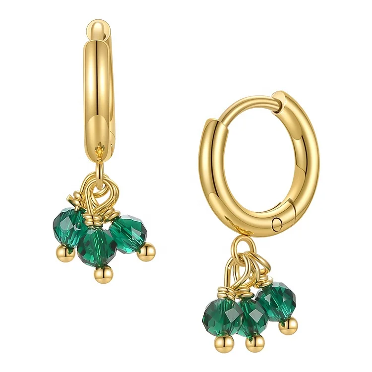 High Quality 18K Gold Plated Brass Jewelry Green Shiratama Stone Charms Hoop Drop Earrings E211268