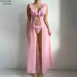 Custom Logo Pink Sweet Princess Nightgown Fishnet Floral Lace Robe See-through V-Neck Open Front Negligees Passion Maxi Dress