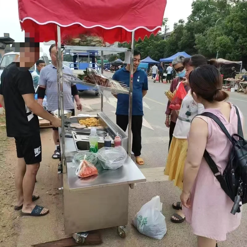 Convertible Hand Trucks Gas Mobile Snack Cart Food Trailer Mobile Stall Grill Plate Warmer Cart Outdoor Rolling Moving Food Cart