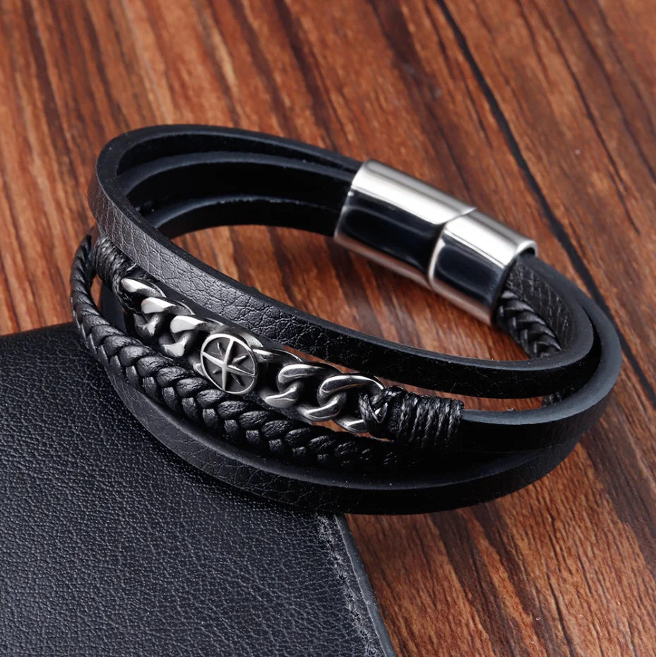 OEM/ODM Black Leather Bracelet for Men - Stainless Steel Magnetic