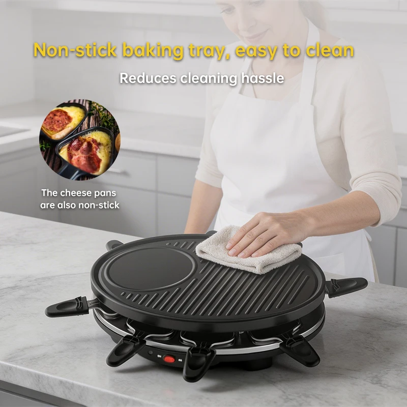 Portable Smokeless Electric Raclette Grill Pan 30cm Aluminum Adjustable Temperature Control Non-Stick Coating Dismountable Oil