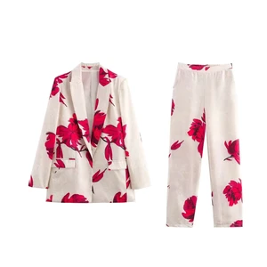 Set Woman 2 Pieces2026 Fashion Office Wear Single Button Coat Vintage Long Sleeve + Pants Women's Suit