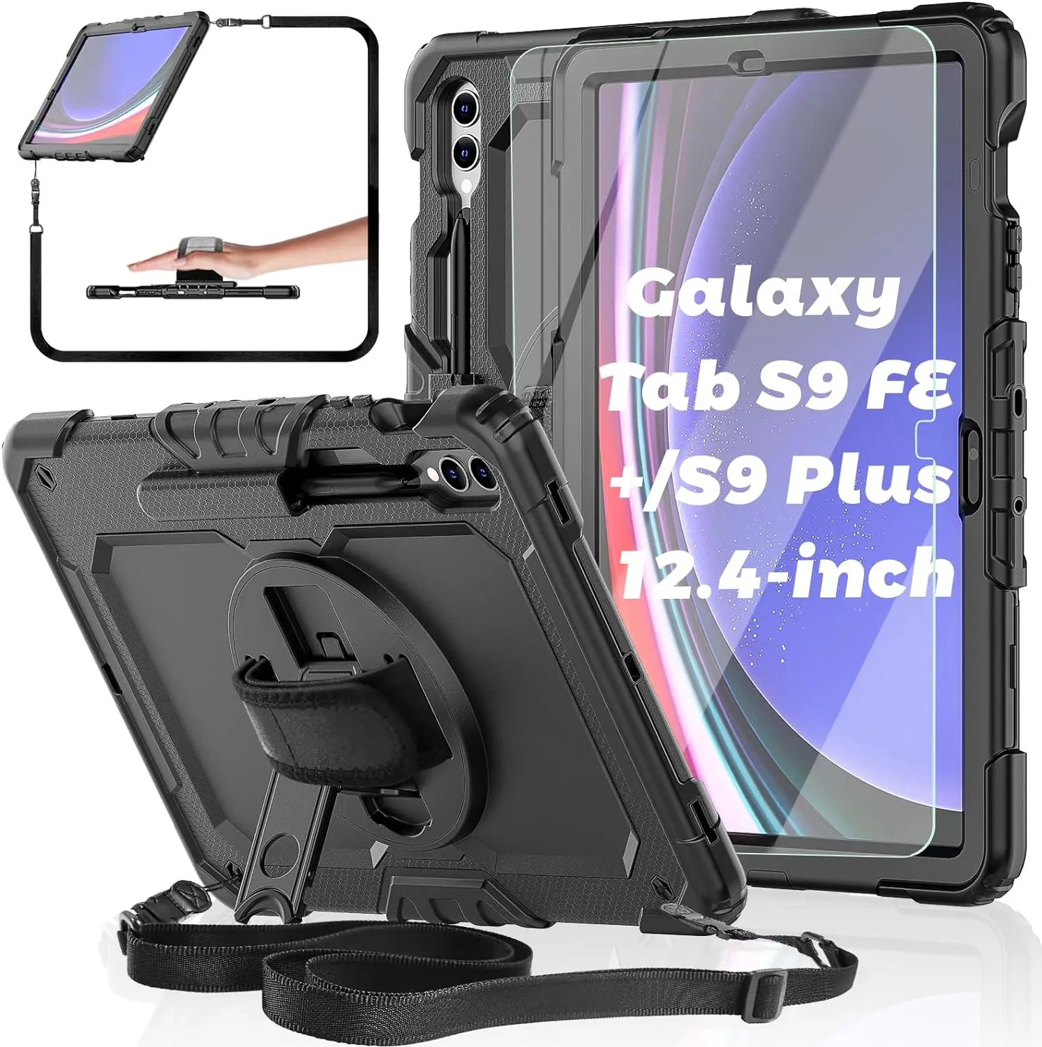 Laudtec Case for Samsung Galaxy Tab S9FE+/S9 Plus with Screen Protector Rugged Protective Cover with Rotating Kickstand Hand