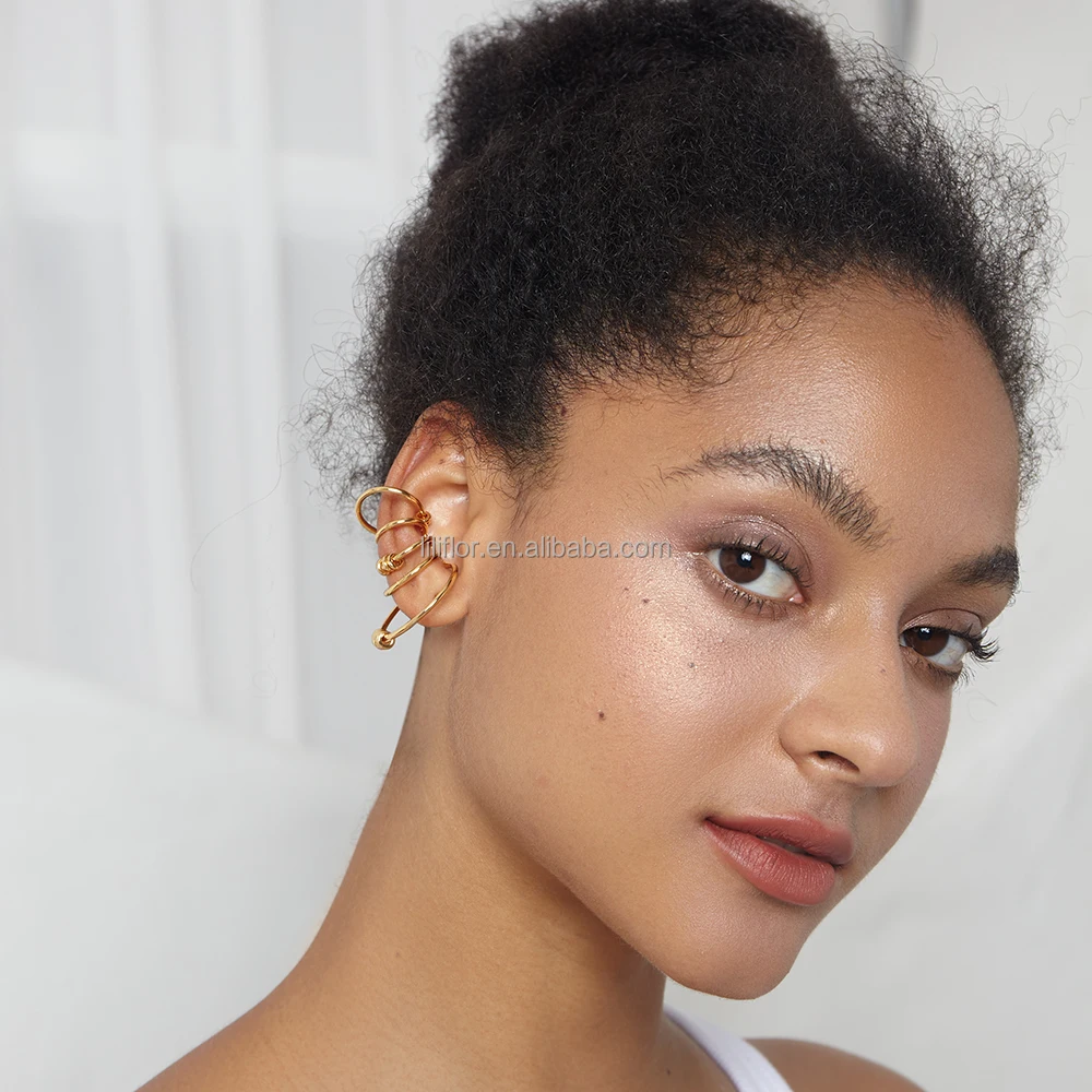 Fashion18K Gold Plated Brass Jewelry Multi-loop Lines Design No Ear Hole Ear Bone Clip Ear Clip Earrings E201174