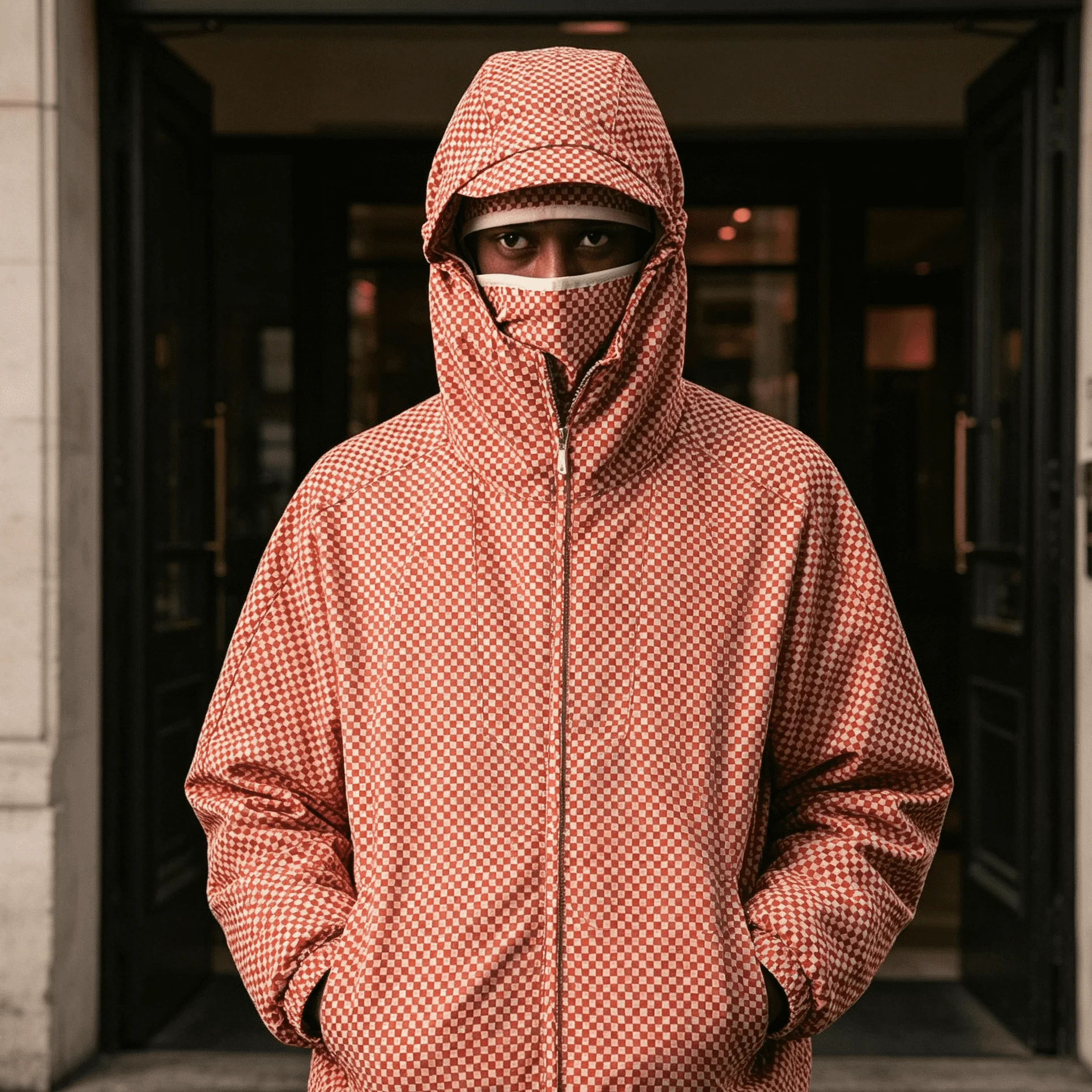 Custom OEM Minimal Micro Check Hooded Wind Jacket Cropped Drawstring Nylon Zip Outerwear Urban Daily Commute Casual Wear gallery 4