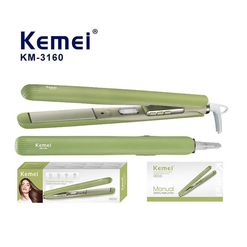 Fer à friser électrique KEMEI Km3160 PTC à chauffage rapide, 55 W, verrouillage de sécurité, câble de 2 m, couleur verte tendance, lisseur pour cheveux, vente en gros