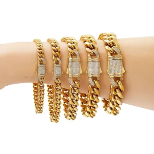 OEM 18K Gold Stainless Steel Bracelet Chic Cuban Chain Inlaid with Zircon Chunky 6/8/10/12/14MM Hip Hop Style for Women Men