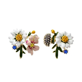 Elegant Unsymmetrical Earring  Enamel Crystal Flower Rainbow Stud Vintage  Delicate Earrings