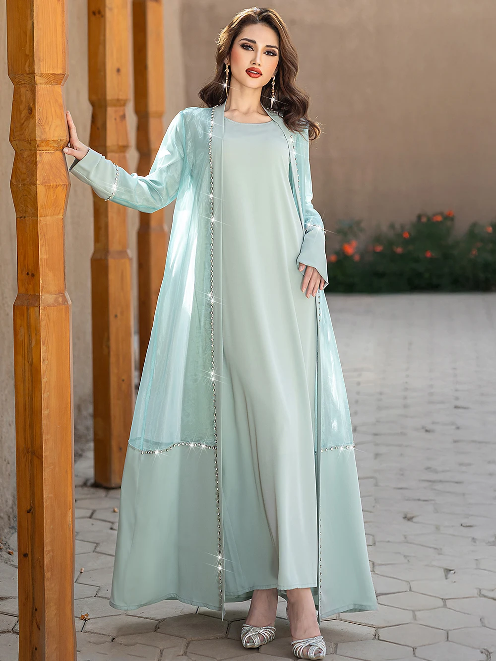Fashion Abaya Women Muslim Dress Mint Green Organza Cardigan Inner Dress 2  Piece Abaya Set Summer Muslim Women Open Abaya Set