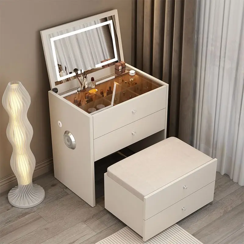 Hanyee Modern Style Cream Colored Dressing Table  Mirror Glass USB bluetooth Bedside Table Multifunctional With Storage Function