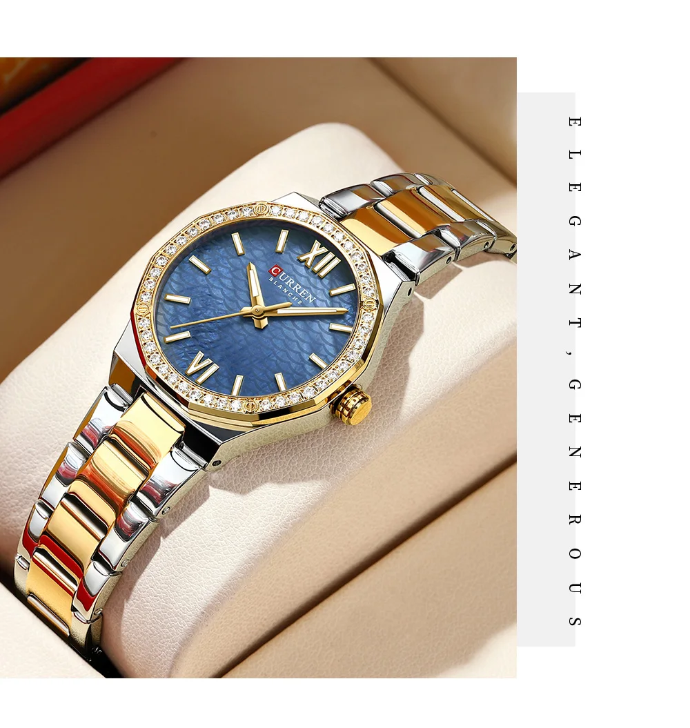 CURREN 9103 Elegant Rhinestone Ladies Watch Lightweight Luminous Quartz Watch Waterproof Stainless Steel Clock