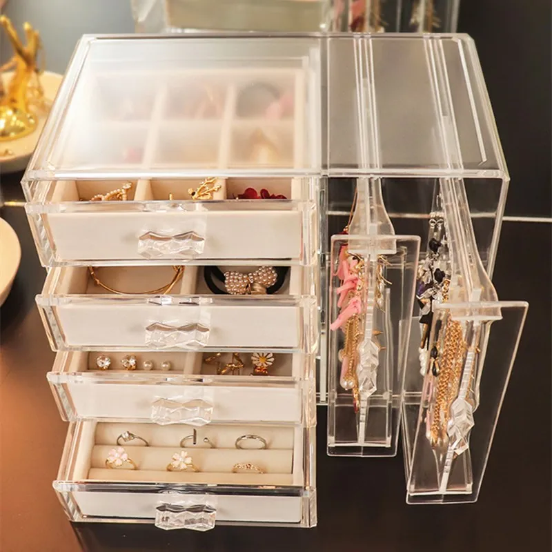 Clear Acrylic Jewelry Organizer Box Velvet Drawer Jewellery Storage Case  Earring Holder Bracelet Pendant Necklace Display Stand