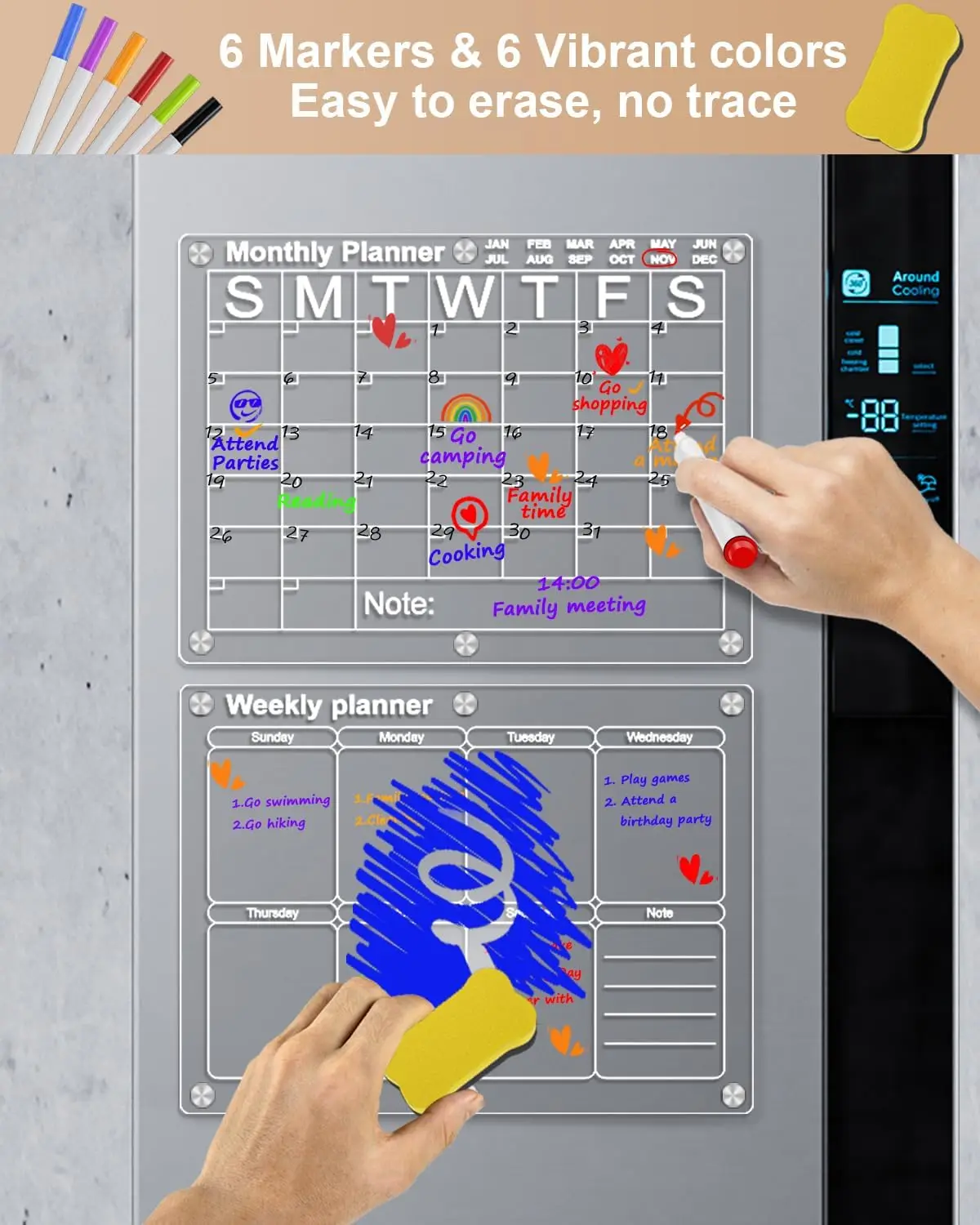 Magnetic Acrylic Reusable Monthly & Weekly Planner Dry Erase Board Calendar for Fridge