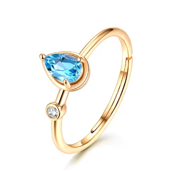 Natural drop shape Blue Topaz S925 Silver plating 9K Golden open ring European and American fashion Blue Topaz ring
