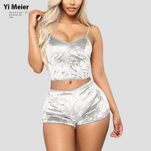 Lism Custom European American Gold Velvet Satin Cross-Border Sexy Women's Suspender Shorts Two-Piece Pajamas for Summer