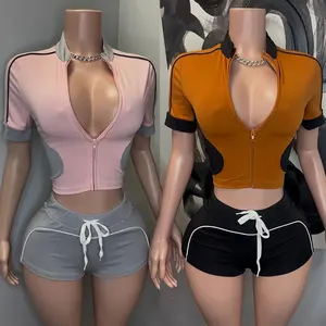 Huili Manufacturer Breathable High Stretch Color Block Tracksuit Hot Shorts Set Summer Women's Sportswear Two Piece Set with Zip