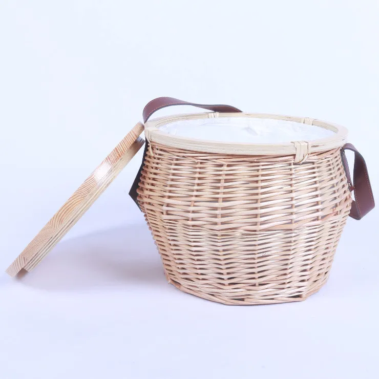 Wicker Insulated Picnic Basket With Handle Picnic Basket Cooler Round Picnic Basket Wooden Lid