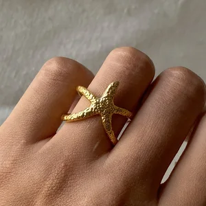 Mirawell Women's Fashion Starfish Design 18K Gold Plated Stainless Steel Open Adjustable Ring Trendy Summer Beach Style