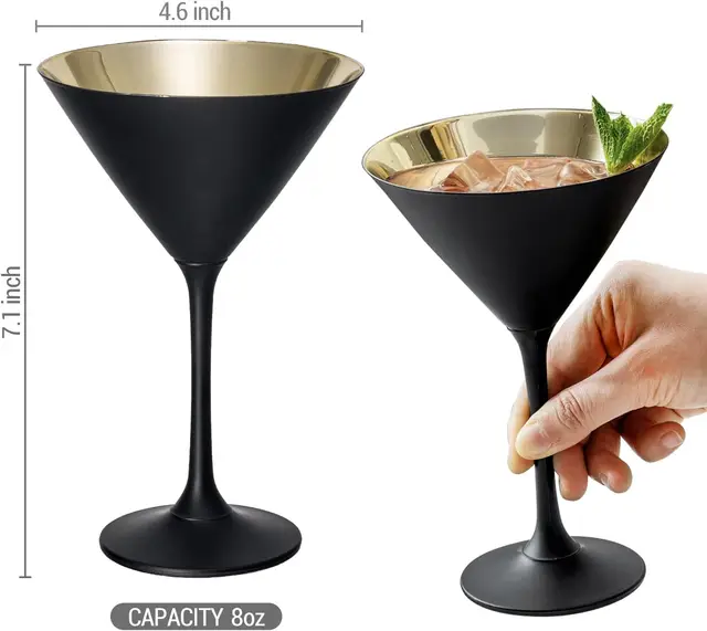 8 Ounce Modern Matte Black and Metallic Gold Tone Plated Martini Cocktail Glasses for Cocktail Party, Wedding, or Anniversary