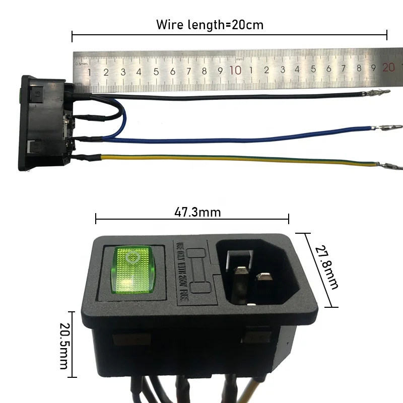 Inlet Module Plug 5A Fuse Switch Male Power Socket  10A 250V 3 Pin IEC320 C14 Connected Terminal Crimps and Wires