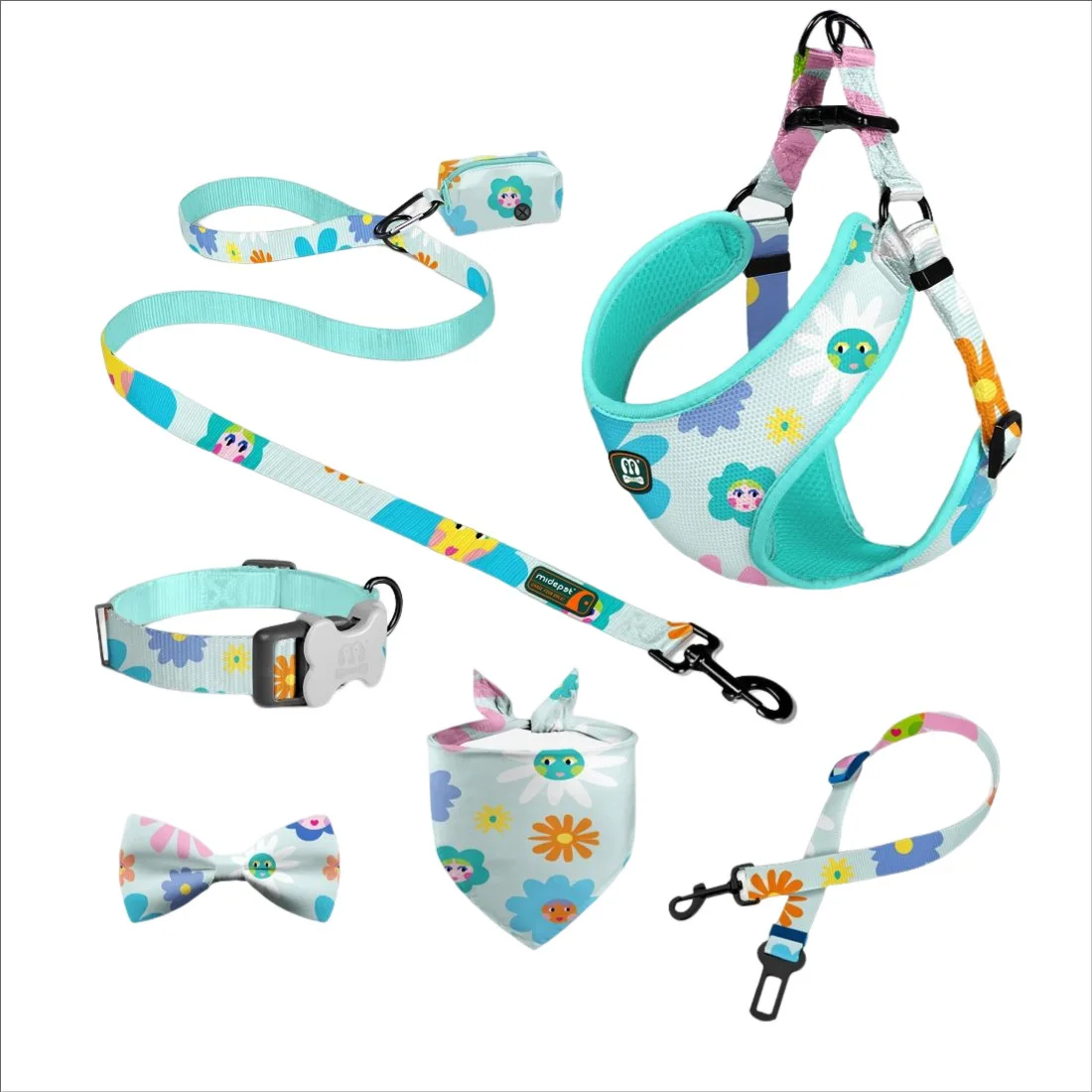 IVYPET OEM Luxury 6-Pieces Pet Dog Harness Set Soft Dog Cat Harness Leash Collar with Poop Bag Holder Bandana Bowknot