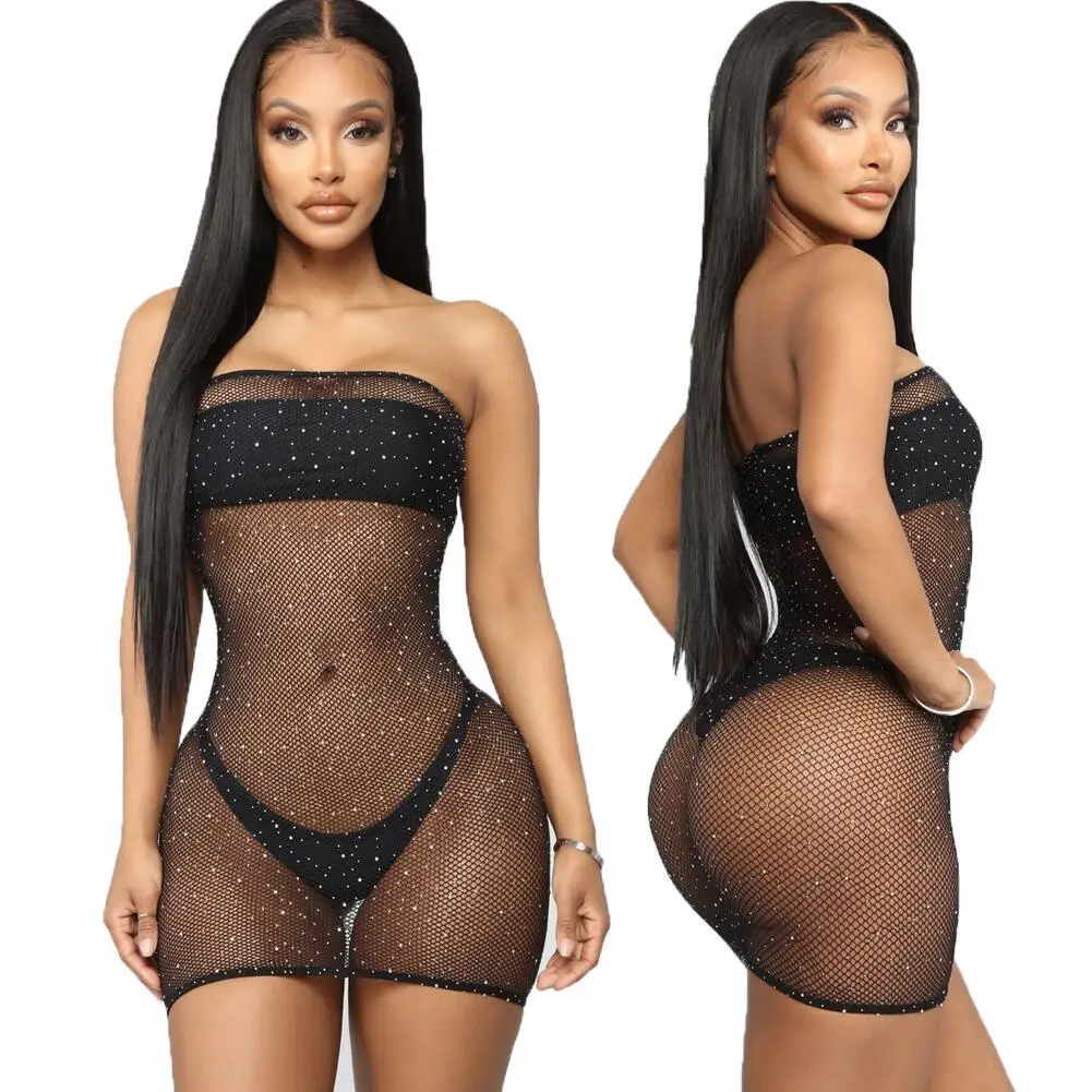 The New Wrapped Breast Rhinestone Jumpsuit Girls Sexy Appeal Underwear 4 Colors Hollow Hot Drilling Shiny Lingerie Women