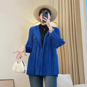 Autumn/Winter Casual Snake Skin Klein Blue Hooded Pleated Blouson Coat Long Sleeve Miyake Style Short Top Small