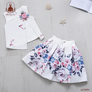 Wholesale Solid Flower Casual Children Cloth Sleeveless Irregular Top White Pink Fashion Pattern Girl Clothing Set For Kids
