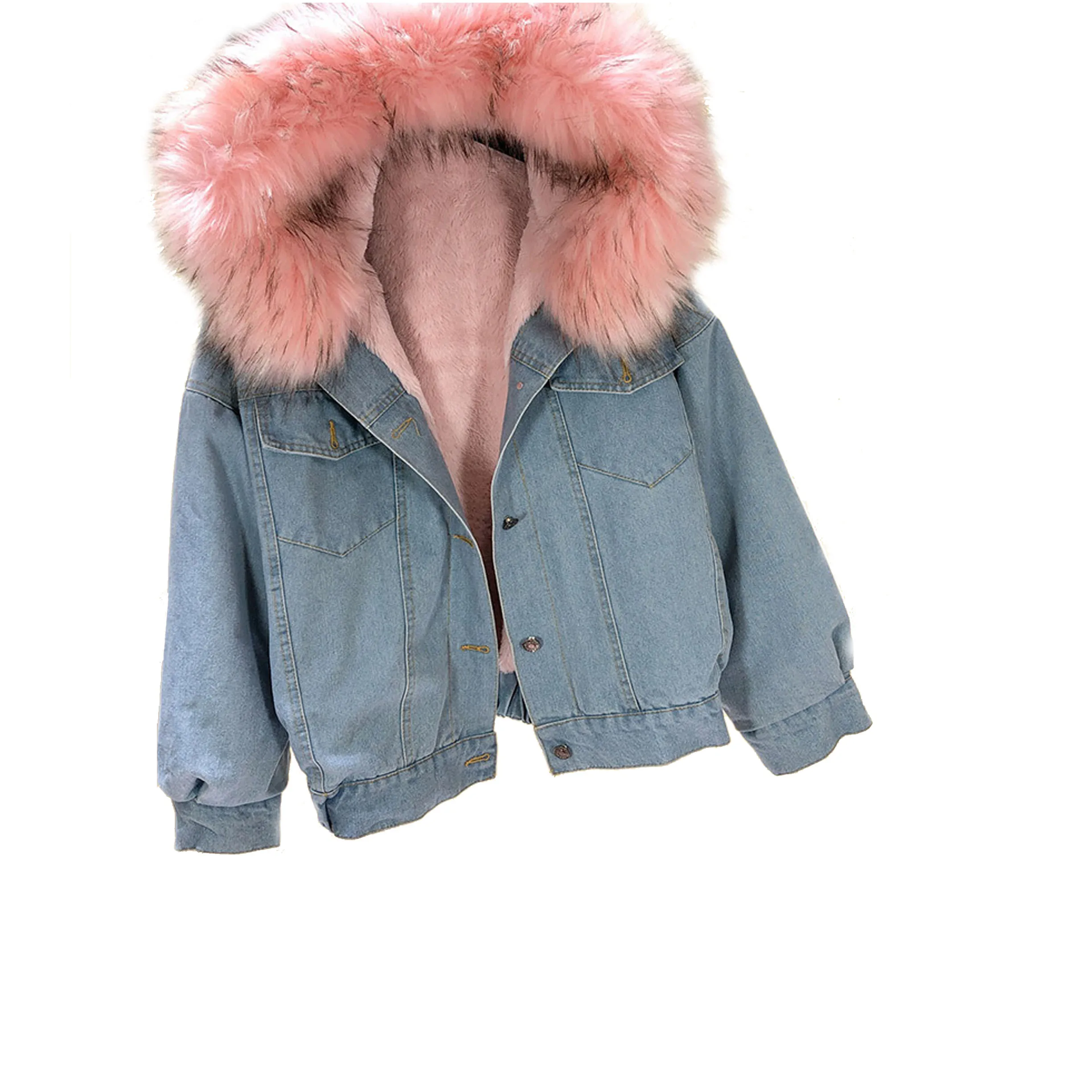 Womens Jacket Denim Jacket Pink Fur Collar Women Fleece Lined