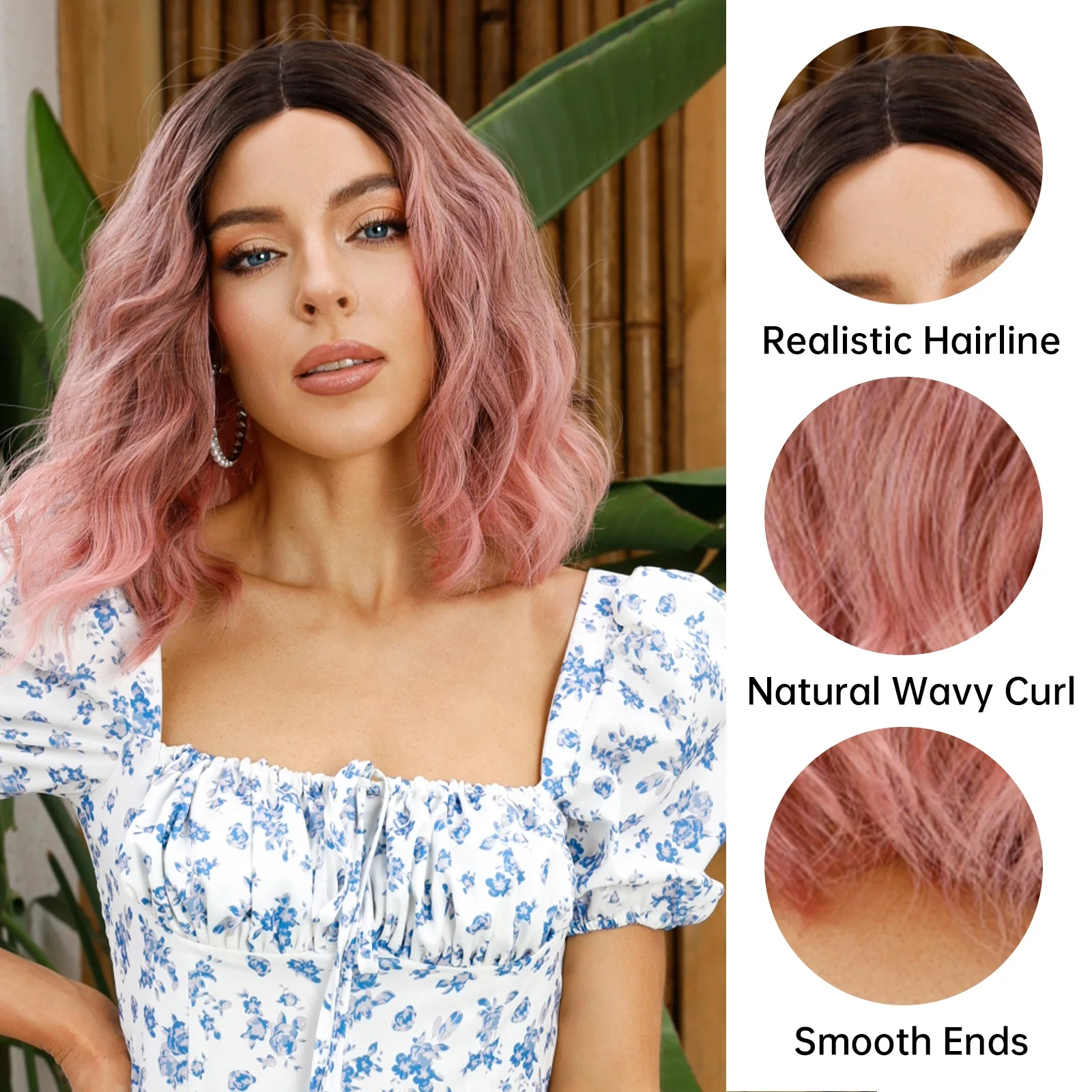 Japanese Future Synthetic Dark Hair Root Pink Short Curly 