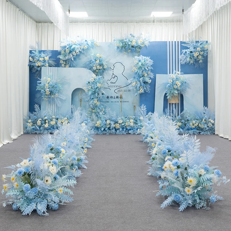 Wedding Flower Stage Background Decoration Blue Silk Flower Row - Buy  Wedding Flower,Flower Row,Table Runner Product on 