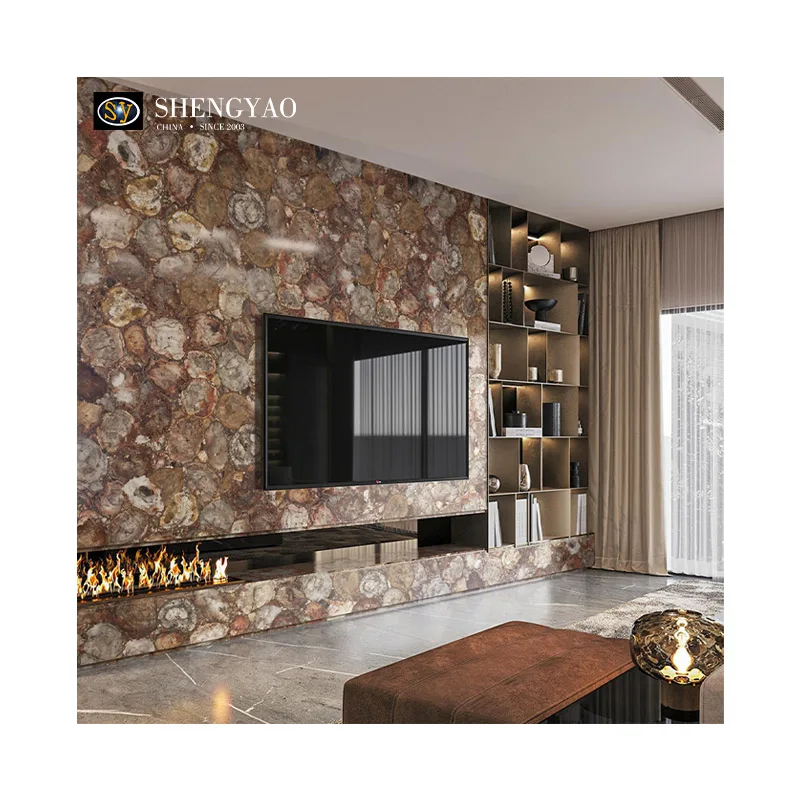 Custom Brown Petrified Wood TV Background Wall Panel Fossil Stone Fireplace Slabs