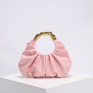 2026 Wholesale Women's Ruched Clutch Bag with Gold Handle Trendy Puffy Cloud Shoulder Bag for Lady