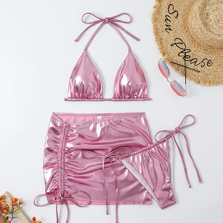 Sexy Pink Metallic Bikini Swimwear Drawcord Tie 3 Piece Swimsuit Set